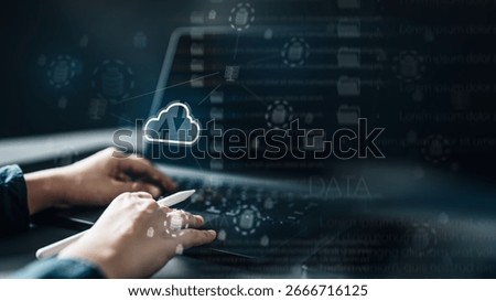 Cloud computing technology. Cloud database connect. Data server storage management. Data cloud concept. Network computer. laptop typing coluding service transmisstion transfer.