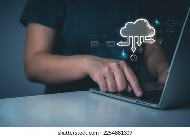 Cloud computing technology diagram concept, for enterprise or entrepreneur, customer and businessperson touch laptop to showing infographics global cloud network, icons concept.