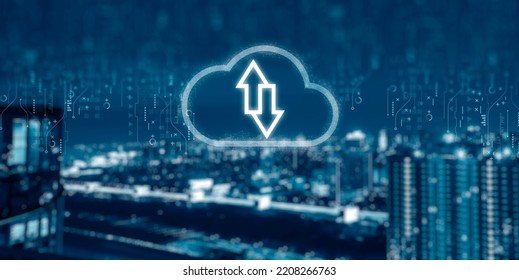 cloud computing and technology icons with blur nlight city background. cloud computing storage technology service concept.