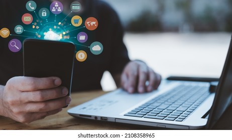 Cloud computing and technology icons touched by hand. Cloud technology collects lifestyle and confidential information such as shopping and internet banking, passwords, financial information.