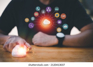 Cloud computing and technology icons touched by hand. Cloud technology collects lifestyle and confidential information such as shopping and internet banking, passwords, financial information.
