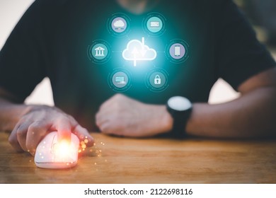 Cloud computing and technology icons touched by hand. Cloud technology collects lifestyle and confidential information such as shopping and internet banking, passwords, financial information.