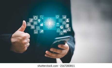 Cloud computing and technology icons touched by hand. Cloud technology collects lifestyle and confidential information such as shopping and internet banking, passwords, financial information.