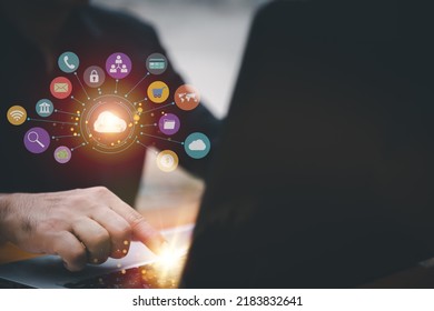 Cloud computing and technology icons touched by hand. Cloud technology collects lifestyle and confidential information such as shopping and internet banking, passwords, financial information.