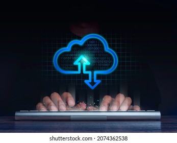 Cloud Computing Technology Internet Concept Background. Cloud Computing Icon Glowing With Digital Data And Hand Working Computer On Dark Background. Service Storage For Database On The Network.