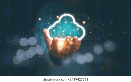 Cloud computing technology, Man holding virtual cloud computing on hand with binary digital and connecting network. Internet of thing. Download and upload file for sharing data, Big data storage.