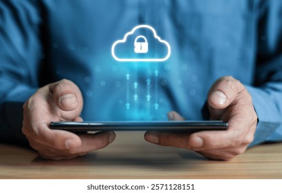 Cloud computing technology management concept. Cloud with digital lock icons appearing while business people working with smart phone transfer data by finger on touchpad