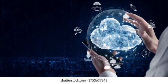 Cloud computing technology and online data storage for business network concept. Computer connects to internet server service for cloud data transfer presented in 3D futuristic graphic interface.