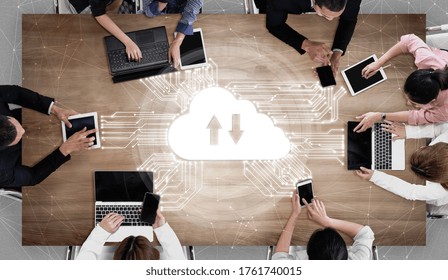 Cloud computing technology and online data storage for business network concept. Computer connects to internet server service for cloud data transfer presented in 3D futuristic graphic interface. - Powered by Shutterstock