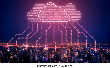 Cloud Computing Technology And Online Data Storage For Business Network Concept. Computer Connects To Internet Server Service For Cloud Data Transfer Presented In 3D Futuristic Graphic Interface.