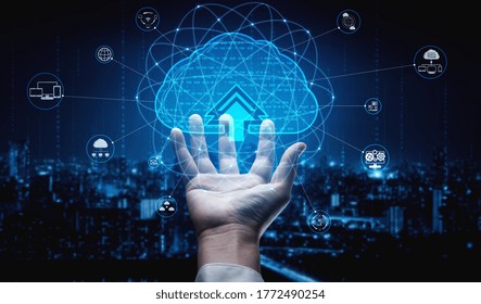 Cloud computing technology and online data storage for business network concept. Computer connects to internet server service for cloud data transfer presented in 3D futuristic graphic interface.