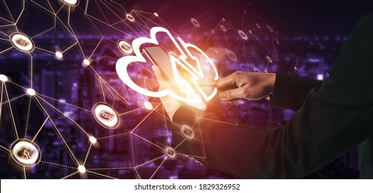 Cloud computing technology and online data storage for global data sharing. Computer connects to internet network server service for cloud data transfer presented in 3D futuristic graphic interface. - Shutterstock ID 1829326952