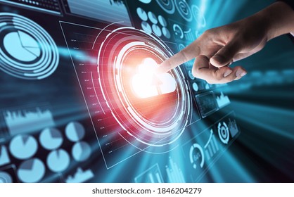 Cloud computing technology and online data storage for global data sharing. Computer connects to internet network server service for cloud data transfer presented in 3D futuristic graphic interface.