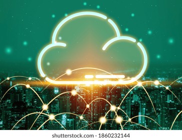 Cloud computing technology and online data storage for global data sharing. Computer connects to internet network server service for cloud data transfer presented in 3D futuristic graphic interface.