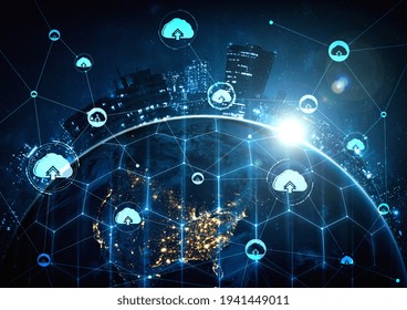 Cloud computing technology and online data storage in innovative perception . Cloud server data storage for global business network concept. Internet server service connection for cloud data transfer.