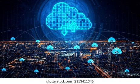 Cloud computing technology and online data storage for shrewd business network concept . Computer connects to internet server service for cloud data transfer presented in 3D futuristic graphic .
