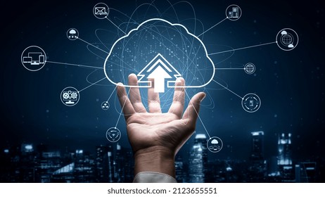 Cloud computing technology and online data storage for shrewd business network concept . Computer connects to internet server service for cloud data transfer presented in 3D futuristic graphic .