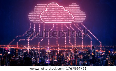 Cloud computing technology and online data storage for business network concept. Computer connects to internet server service for cloud data transfer presented in 3D futuristic graphic interface.