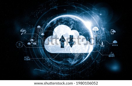 Cloud computing technology and online data storage in innovative perception . Cloud server data storage for global business network concept. Internet server service connection for cloud data transfer.