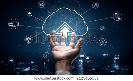 Cloud computing technology and online data storage for shrewd business network concept . Computer connects to internet server service for cloud data transfer presented in 3D futuristic graphic .