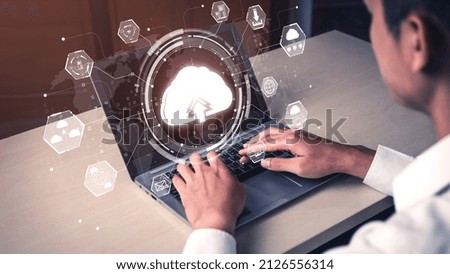 Cloud computing technology and online data storage for shrewd business network concept . Computer connects to internet server service for cloud data transfer presented in 3D futuristic graphic .