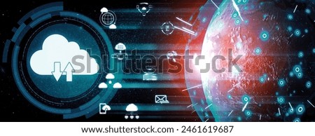 Cloud computing technology and online data storage for business network concept. Computer connects to internet server service for cloud data transfer presented in 3D futuristic graphic interface. uds
