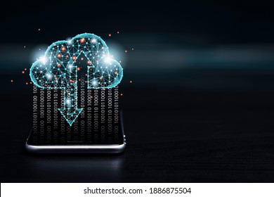 Cloud computing technology transformation concept, Virtual cloud computing for transfer upload and download information data with smartphone.