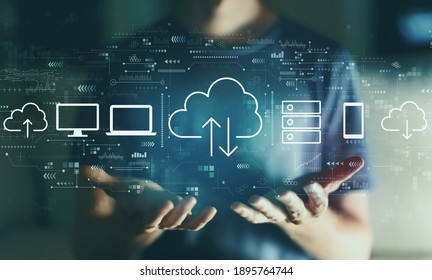 Cloud computing with young man in the night