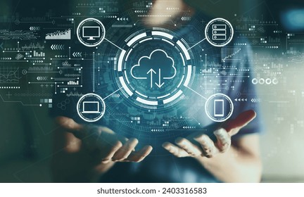 Cloud computing with young man in the night
