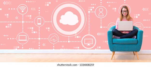 Cloud computing with young woman using her laptop in a chair