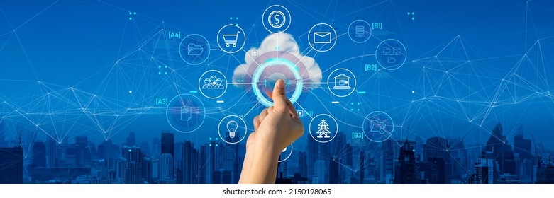 Cloud computing,Digital technology,data exchange and futuristic technology concept.Woman hand holding cloud,Document Management System (DMS),online data storage,5g,wireless network on city background.
