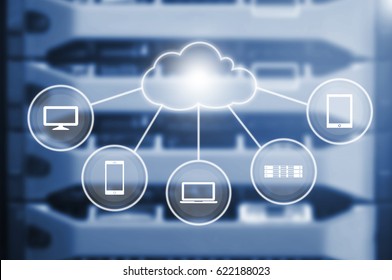 Cloud connected devices with data center background in Technology and business concept