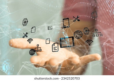 A cloud connected to many objects on a virtual screen floating over woman's palm