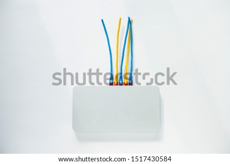 Cloud connectivity concept. Cloud router connected to the internet via colorful ethernet cables. Redundant connectivity scheme. Closeup. Space for your text.