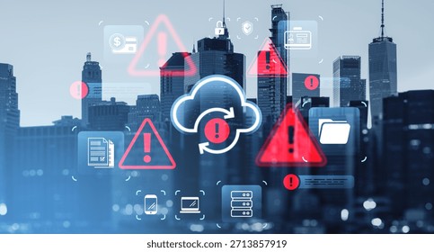 Cloud data breach concept with warning holograms and digital file icons displayed over a cityscape background, illustrating cybersecurity threat detection