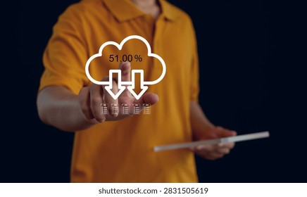 Cloud data download progress with 51 percent completion, secure file synchronization, cloud storage, server backup, digital data transfer, enterprise cloud computing, and document management.