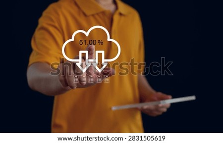 Cloud data download progress with 51 percent completion, secure file synchronization, cloud storage, server backup, digital data transfer, enterprise cloud computing, and document management.