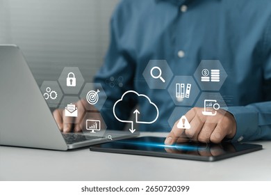 Cloud data management. Business Database and Backup Technologies, representing cloud based storage, digital business innovation and scalable Storage Solutions for Modern Connectivity