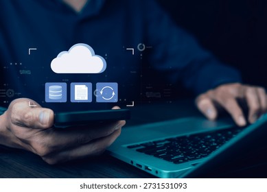 Cloud data management concept with smartphone and laptop, showing secure cloud storage, database synchronization, document management, and enterprise digital transformation technology.