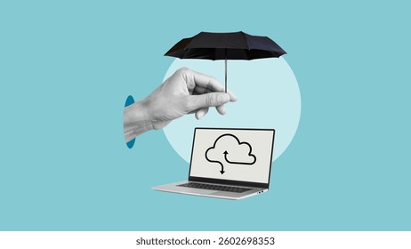 Cloud data is securely protected. Cyber security network and cloud storage protection concept. Data system storage security service