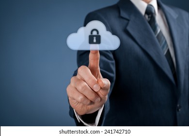 Cloud Data Security Services Concept. Safety Data Management Specialist Click On Secured Cloud Computing Data Storage Represented By Cloud Icon With Padlock.