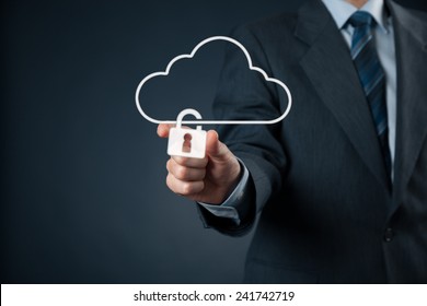Cloud data security services concept. Safety data management specialist securely lock cloud computing data storage represented by cloud icon with padlock. 