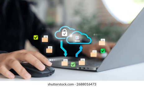 Cloud data storage and AI integration concept showing a person using a laptop with secure file transfer, cloud computing, data backup, and cybersecurity protection for business technology. - Powered by Shutterstock - Get 15% off with code: PIKWIZARD15