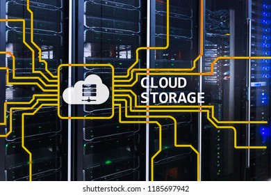 Cloud data storage concept on server room background.