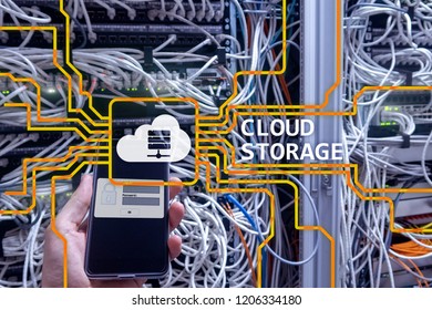 Cloud data storage concept on server room background.