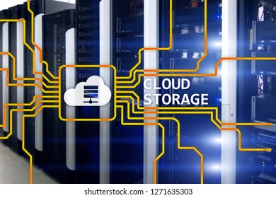 Cloud data storage concept on server room background.