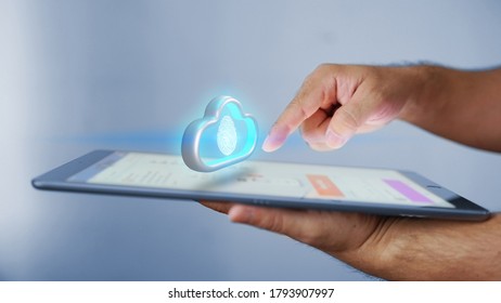 cloud data storage login on screen with Fingerprint scan, cyber security concept                               