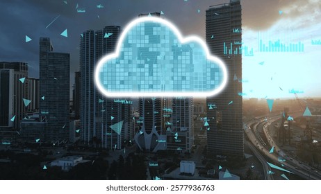 Cloud data storage technology concept over an urban cityscape symbolizing modern digital infrastructure. 3D graphic