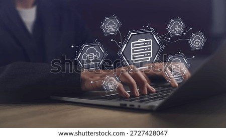 Cloud database interface with digital icons illustrates data management, innovative cloud computing, and business communication technology operated via laptop in modern digital networks.