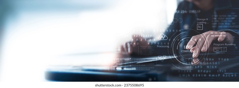 Cloud and Edge computing concept. Modern IT technology on virtual screen, data backup with Edge computing industry 4.0, cloud storage innovative background. Internet of things. Digital technology